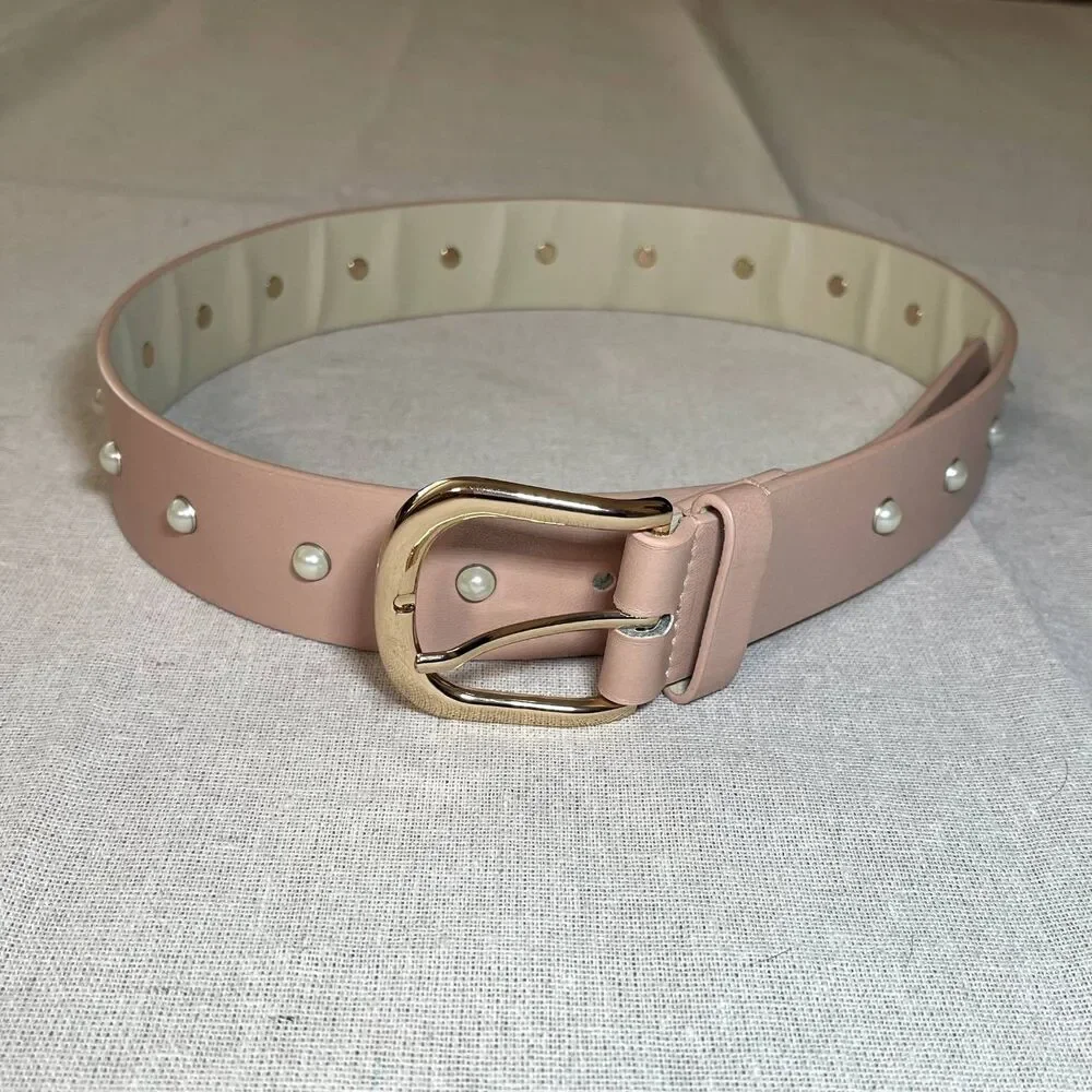 Blush Pink Vegan Leather Belt with Faux Pearl Studs ~39